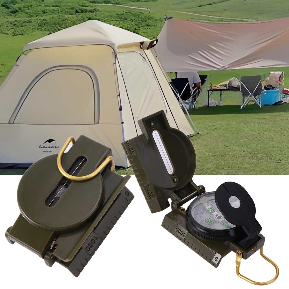 Compass Lensatic - 防水仕様のプロフェッショナルコンパス。金属製で、折りたたみ式のレンズを備え、屋外での使用に適しています。携帯性に優れたレンズ式コンパスで、キャンプやハイキングに最適です。