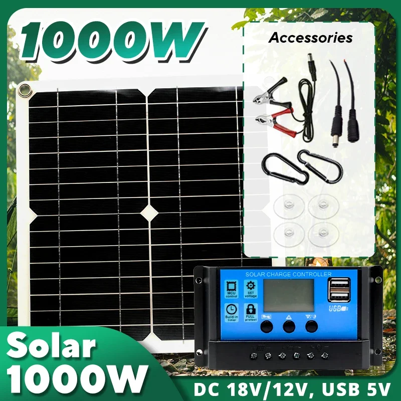 Solar Emergency Charger - 1000Wソーラーパネルキット、12Vソーラーセル10A‑100Aコントローラー、RV、キャラバン、家庭、キャンプ、携帯電話、バッテリー用ポータブルソーラーチャージャー
