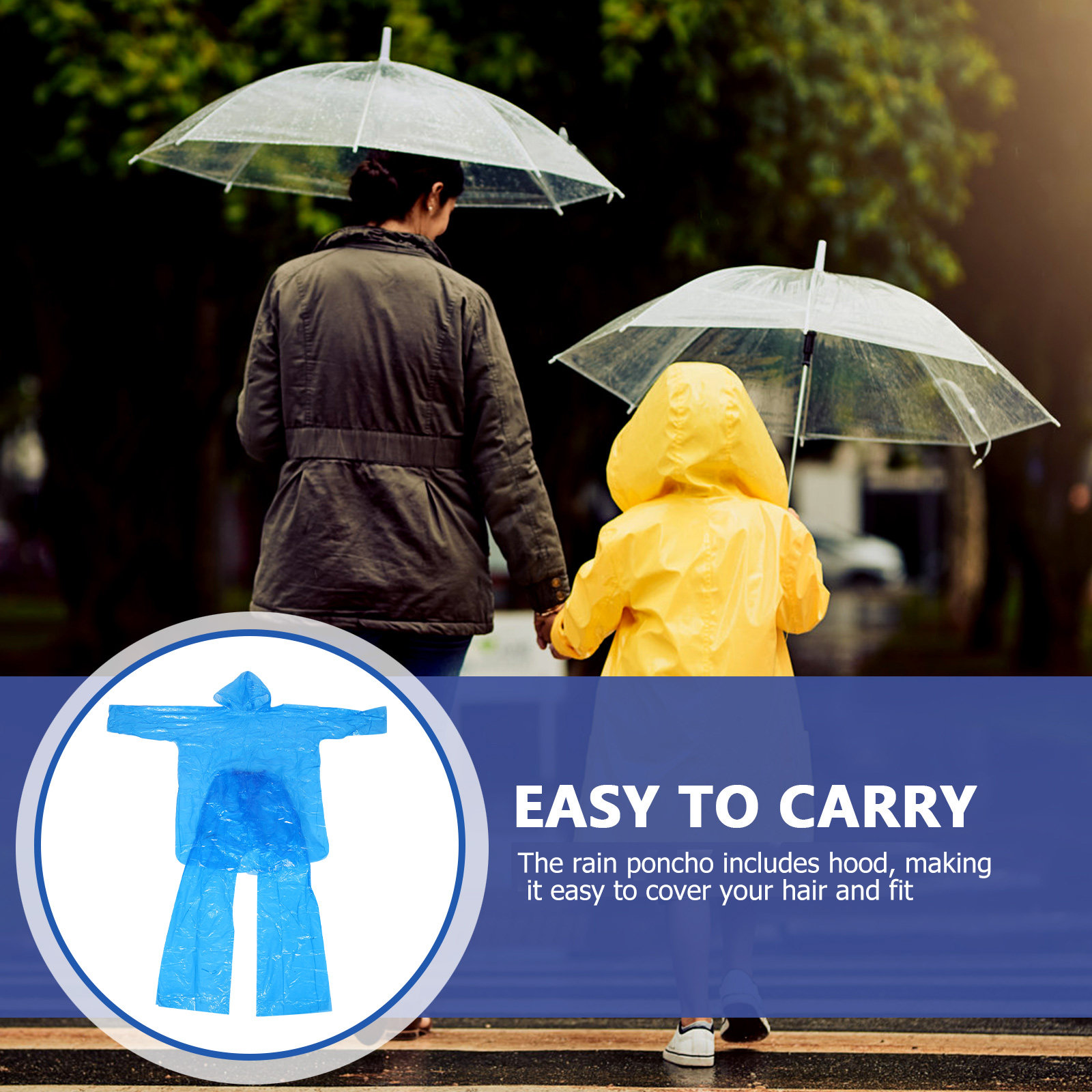 Emergency Poncho Rain - 緊急用レインポンチョセット。透明なプラスチック製のフード付きレインコートとパンツで、全身を覆い、防水性があり、男性にも女性にも適しており、旅行に最適。