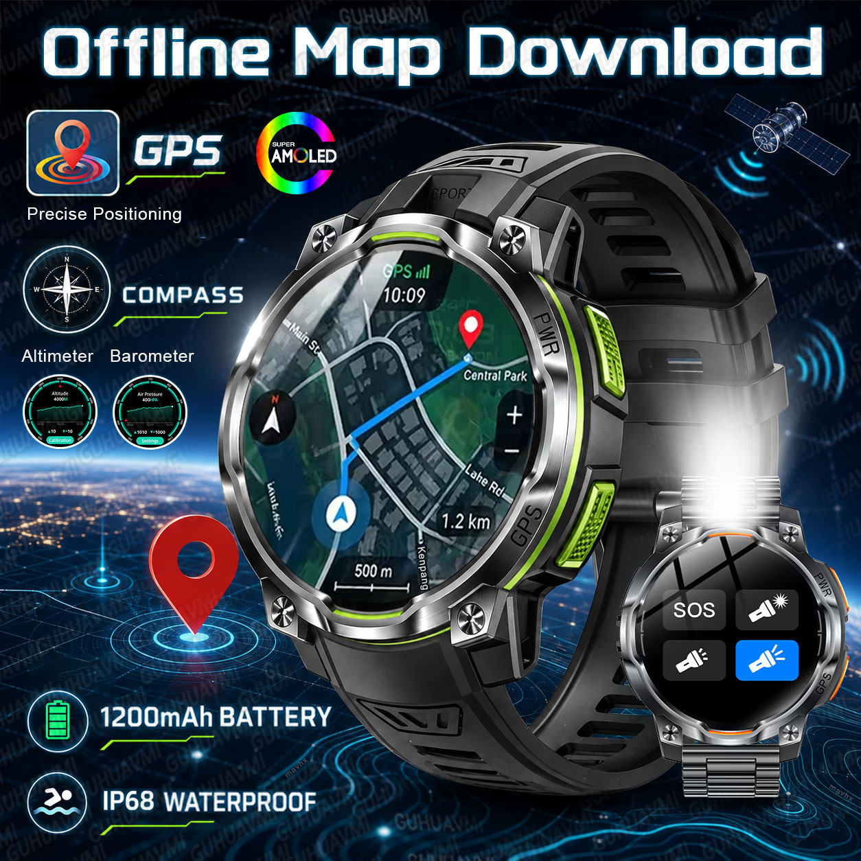 Compass Lensatic - 2026年型 新型軍用GPSスマートウォッチ。1200mAhバッテリー搭載。屋外でのオフライン地図表示、コンパス機能、IPX8防水性能、懐中電灯、心拍数モニター、スポーツトラッキング機能を搭載。