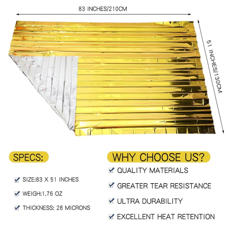 金銀マイラー製サーマルサバイバルブランケット 130×210 - Survival Blanket Reflective のレビューと価格